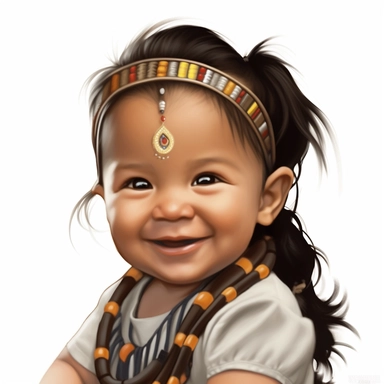 Adorable, cute, native american, baby girl, happy, smiling, wearing indian type beads around her neck, wearing an ethnic ribbon in her hair, extreme focus, professional artists rendition, no text, no logo, no name, no letters, Highly Detailed, clip art, white background, smooth edges, flawless Facial Features,