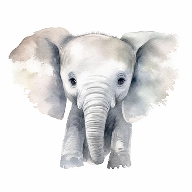 A delightful and charming watercolor clipart of an adorable baby elephant, designed for commercial use. This heartwarming composition captures the innocent charm of the African Safari Zoo animal, set against a crisp white background that accentuates its delicate watercolor textures and playful features. The baby elephant, with its gentle eyes and playful trunk, is skillfully painted in a soothing palette of grays and pastels, encapsulating the essence of nursery-themed art. The clipart emphasize