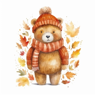 A bear autumn-themed, full color, knitted painting texture, Perfect for nursery art and children's book illustration style, simple, cute, full color, clipart, watercolor illustration, single object, high definition 8k, white background for removing background