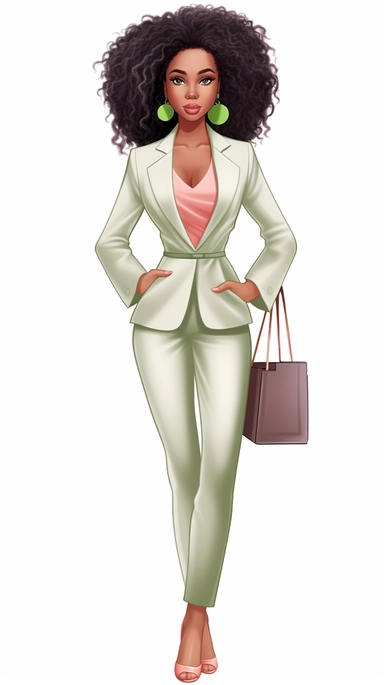 full body stylish African American woman clip art wearing salmon pink and apple green suit and heels, medium curly hair, white background