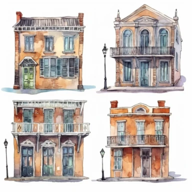 watercolor New Orleans French quarter style buildings, illustrations clipart set, simple, , cartoon elements ,different variants , separate elements with a margin