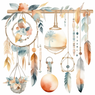 Create watercolor clipart of a boho baby mobile, featuring items such as geometric shapes, pom poms, and wooden beads. Use intricate patterns and muted colors to capture the playful yet understated boho vibe, white background