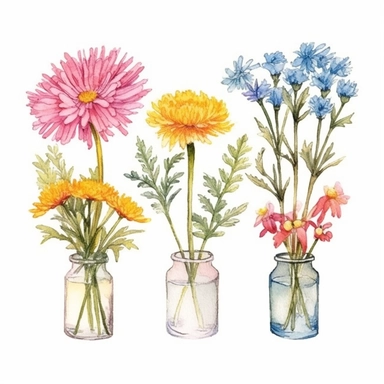 Create a heartwarming hand-drawn watercolor clip art image of a family gift niche adorned with birth flowers representing a family of four. Customize the image by selecting birth flowers for each family member: a January baby (Carnation), an April baby (Daisy), a September baby (Aster), and a November baby (Chrysanthemum). Add a personalized touch by including the family's names or initials within the niche, making it a cherished memento for generations to come.inspired by wildflower meadows