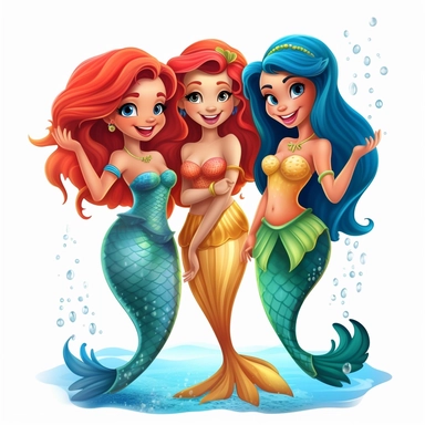 Create other mermaid characters with unique features, personalities, and different tail colors. They can be friends, sisters, or part of a mermaid community, cartoon style, white background, clipart
