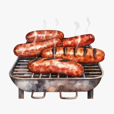 grilled sausage with grill marks watercolor clipart, hi-res, 4k, realistic, simple, white background, single design