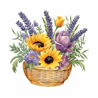 Design a dreamy watercolor clipart of Provence-inspired A mix of lavender, sunflowers, and poppies in a wicker basket composition, hand-painted with soft and graceful brushstrokes. Draw inspiration from the artistic finesse of Ethereal Petals Watercolors for a refined and ethereal depiction. isolated on a white background, hand-drawn illustration, hand-painted watercolor texture, 16k UHD resolution, intricately detailed, sharp focal points, designed by Ana Victoria Calderon and Holly Exley, i ca