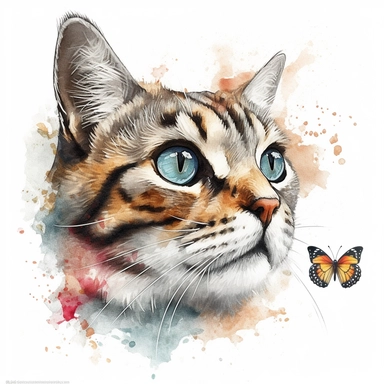 A clipart of a cat face with a butterfly perched on its nose, looking surprised and curious, watercolor style, realistic, bright colors, 300 dpi, 8k, white and clear background