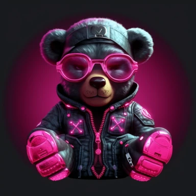a clipart of aA gangsta teddy bear with a leather jacket and brass knuckles, in the style of neon realism, dark pink and black, wes benscoter, dark gray and pink, radical, graphical, cute and colorful