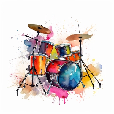 watercolor clipart, one individual drum set, vibrant splash of color, white background
