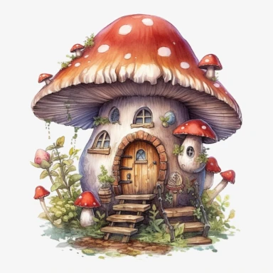watercolor, hyper realistic, white background, white margins, 16k, ultra detailed clipart, cut out image, hand-drawn, whimsical manhwa style, ultra HD, sharp and clean art mushroom transformed into a cozy dwelling. The stem can serve as the base of the house, while the cap forms the roof, complete with windows and a charming door. Add details like chimney smoke or decorative elements for a magical touch.