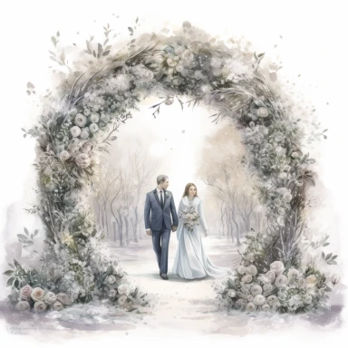 watercolor, hyper realistic, white background, white margins, 16k, ultra detailed clipart, cut out image, hand-drawn a bride and groom standing under a floral arch in a winter wonderland. The arch is covered in white and silver flowers, and there are snow