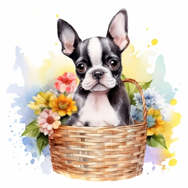 clipart watercolor, very cute Boston Terrier puppy, sitting in a basket with flowers, full body, childlike, free brushwork, white background, high solution