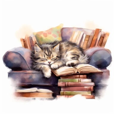 a little cat sleeping on a sofa, surrounded by books, cliparts, sweet and soft pastel colors, watercolor style, no background