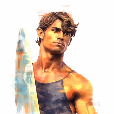 beautiful stunning hawaiian surfer young man , paint art style, clipart, white background, superrealistic, one of a kind