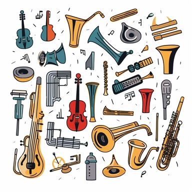 simple flat Clipart on a white background, a microphone, a tuba, a flute, a trumpet, a trumpet, all separate and not touching