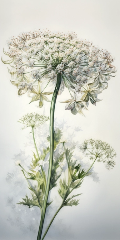 Watercolor Painting of SINGLE STEAM Queen Anne's Lace FLOWER on white background beautiful multi - headed pale, Flora Design Patterns, Flemish Baroque by Rachel Ruysch, Behance, Rococo, Intricate Detailed, Soft Light Effect, Oil Paint Strokes, Light Academia Aesthetic Flowers, Lighting cinematic, all shown shimmering stamens, tyndall light, light effect, texture, colorful, 8k, fantasy, ray tracing, depth of field, vivid, spectacular lighting, octane rendering, highly detailed, ultra - realistic,