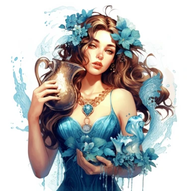 zodiac Aquarius, god pouring water from a jug, beautiful face, flowers, Gilded, blue colors, high quality, clipart, white background, Artgerm