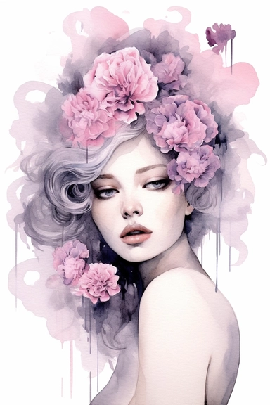 Clipart Young woman. In the style of fabulous qualities, lavender and rose, surrealism, delicate, whimsical composition, watercolor pencil and ink,
