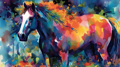 A vibrant watercolor of a single horse rendered as a digital clipart, drawing inspiration from the bold, expressive blooms found in Emil Nolde's garden paintings, featuring a vivid color palette that captures the flowers' natural radiance, illuminated by bright, contrasting light that emphasizes the rich, saturated hues and dynamic brushwork, and composed using an organic, free-flowing layout that conveys a sense of movement and growth.
