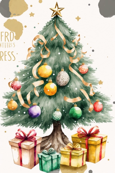 whole christmas tree with presents clipart, decorated pine tree with christmas golden presents, golden christmas decoration, christmas decor, simple shapes, no lines, no outlines, clipart, featured on dribble, cartoon tree clipart, minimalist, computer vector graphic design clip art, watercolor illustration clipart, watercolour clipart, watercolor illlustration for kids and children, book illustration, print on demand image, PNG tranparent background