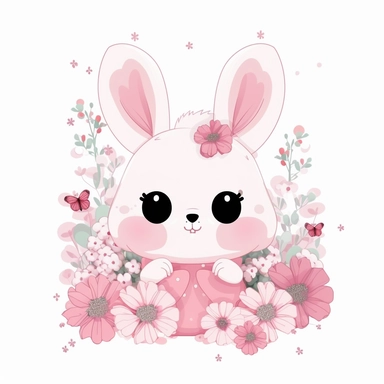 pink cute bunny with flowers sublimation clipart, vector, illustration, 2d, flat colors, isolated background