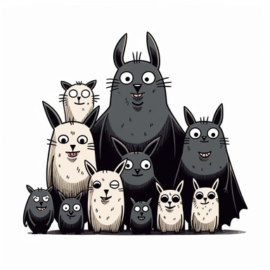 a friendly family of anthropomorphic bats, clipart in the style of Gemma Correll