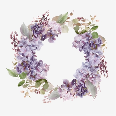 watercolor lilac wreath on white background, in the style of muted and subtle tones, intricate floral arrangements, uhd image, subtle realism, asymmetrical framing, fawncore, wedding clipart, floral accents, no background