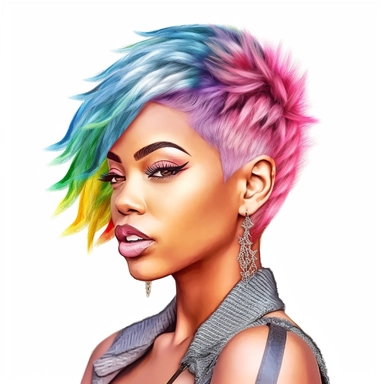 black African American woman with rainbow hair portrait clipart, watercolor style, hyper realistic, detailed, white background