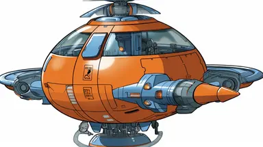 A simple clipart of a low-level flying machine with a military air, similar in structure to a flying saucer, with a glass shroud at the top and a device that emits electromagnetic waves for attack at the bottom, using mainly orange, white and blue colors, with less detail in the image, Japanese manga, with a white background, sharp angles and contrasts, clear outlines, by Justin Roiland and Yoji Shinkawa