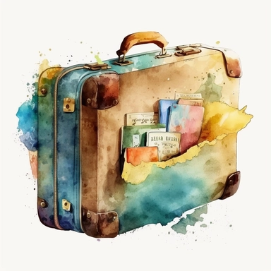 an open travel luggage. Watercolor clipart