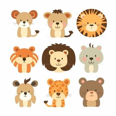 cute clipart of a [lion, giraffe, monkey, hippo], collage style, flat color, svg, rough shapes, silhouette, white background, few details