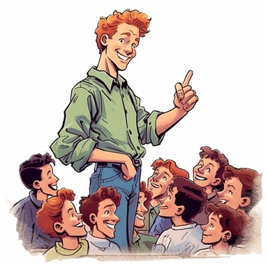 a clip art illustration of a young-looking, happy, 22 year old, red-headed, thinning hair, blue eyed man teaching about AIDS to a classroom of teenagers on Long Island in the early 1990s