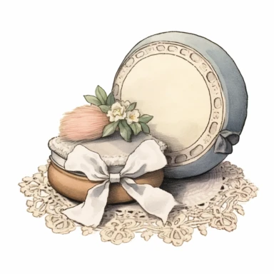 Victorian Compact Powder Puff: Illustrate a clipart showcasing a Victorian-style powder puff, adorned with lace or ribbon, resting on the dressing table, watercolor Clipart, watercolor Sublimation graphics, hand drawn illustration by james christensen style, Watercolor clipart, single design, single object, print on demand image, PNG transparent background, white background for removing background - - no text shadow font watermark, 8k
