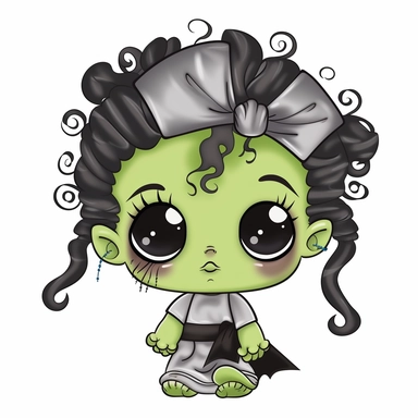 baby girl frankenstein with curly black and white hair, bow in hair, rods coming out of head, stitches on forehead, clipart