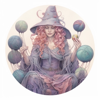 Pastel black lady witch, knitting, with balls of yarn and knitting needles around her hat clipart image, in a circle, in the style of mystic mechanisms, subtle pastel tones, pencil art illustrations, soft pastel tones, reimagined by industrial light and magic, lith printing, illusory images, watercolor clipart