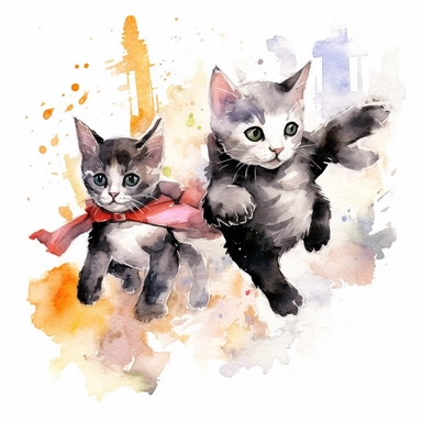 Clipart, watercolor, white background: Two superhero kittens leaping into action, ready to protect their city from villains and bring justice to the world.