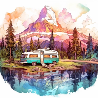 retro watercolor,HD campsite with mountains and trees,maybe a lake,in the style of psychedelic artwork,baroque chiaroscuro drama,multilayered realism,tonalist skies,detailed car,fantasy realism,colorful,clipart,'white background,matt color
