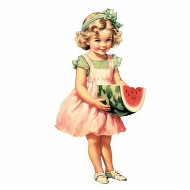 vintage adorable little girl eating watermelon, full body, pastel beige colors, clipart style, accurate details, watercolor technique, super high quality, professional watercolor clipart, high resolution