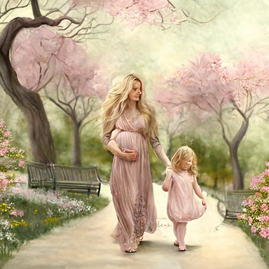 beautiful young pregnant mother with long beautiful blonde hair, toddler daughter with long beautiful hair, both facing forward, holding hands walking in park, flowering trees, path lined with benches, highly detailed, detailed face, realistic, fantasy, ethereal, soft colors, sharp focus, clipart style, fix dress
