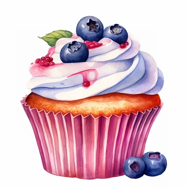 light Watercolor Yummy blueberry cup cake clipart, hd, single object, white background, no text watermark