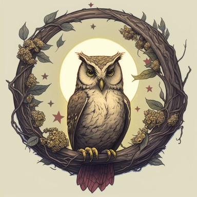 a drawing of an owl sitting in a wreath moon, by Tony DiTerlizzi, fantasy art, dan mumford and peter mohrbacher, family crest, as an offering to zeus, the star tarot card, game icon asset, where the ash gathered, the centre cannot hold, round-cropped, snining stars, in the gryffindor common room, clipart icon