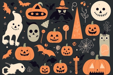 Halloween clipart, illustrations, and design elements set, Adobe Illustrator, flat design style, featuring various spooky and fun elements such as pumpkins, ghosts, witches, black cats, haunted houses, and more, perfect for creating Halloween party invitations, posters, social media graphics, or themed decorations