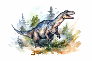 Watercolor, Depict the swift and agile movements of a Segnosaurus foraging for plants in a dense forest clipart, hd, on a white background, spaced out