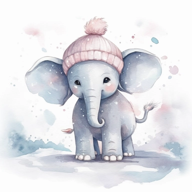 Cute elephant clipart ,happy expression, standing on the snow in dynamic pose, front side, in the style of watercolor cartoon clipart, kate greenaway style, high resolution, composition free space, pastel color scheme, soft and tender, watercolour clipart, watercolor illlustration for kids and children,isolated white background, clipart most popular on etsy, book illustration, featured on dribble,print on demand image, PNG tranparent background,composition medium shot, no text
