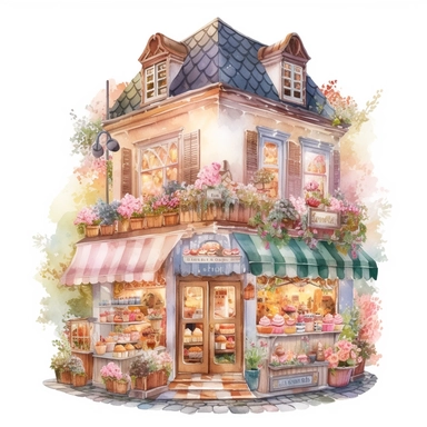 a very cute bakery shop with lots of cake and dessert , clipart, exterior view, cozy, flowers, luminious, dramatic lighting, super detailed, daytime, Thomas Kinkade style, watercolor, 8k, on isolated white background