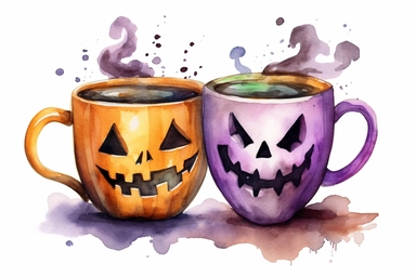 halloween coffee mug, purple, black green, orange, watercolor clipart