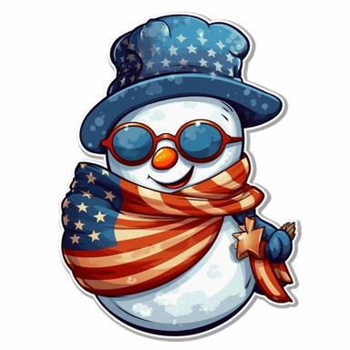 Sticker, American flag with snowman scarf and sunglasses Sublimation Clipart, Cartoon funny, Cute anime, Very detailed, white background
