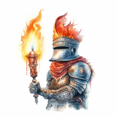 whimsical cute [Fantasy knight holding a flaming torch] , hyper-realistic watercolor illustration, 3d, 8k high definition, highly detailed, masterpiece, clip art, white background