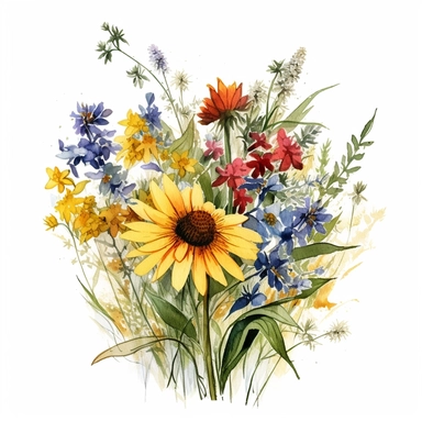 Water colour style, Meadow-Inspired bouquet , large Create a meadow-inspired arrangement by combining native UK and American flowers that bloom in meadows, Mix cowslips, cornflowers, and red campions from the UK with black-eyed Susans, goldenrods, and butterfly weeds from America, watercolour flower arrangement, clipart, vector, intermingled with greenery, white background, no captions, no vase, flower bed setting, ar 2:2