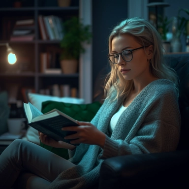 dramatic cinematic shot photographed from the side, professional photo taken indoor about a 21-years-old stunning whiteish blonde hair girl in teal knitted turtleneck at home, she reads a hardcover black Bible with her eyeglasses sitting in an armchair in a warm atmosphere, freckles, natural wave whiteish blonde hair with bun, inoccent face, blue eyes, full body, (((realistic))) canon 5d, masterpiece, highest quality, 4k, 8k, 16k, ultra high-res, raw photo in hdr, sharp focus, hyper realistic, l